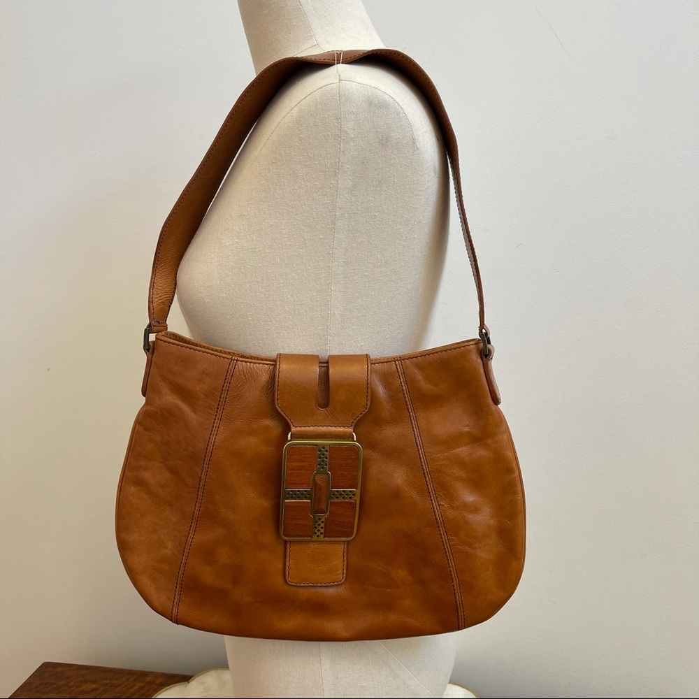 Brown Leather Wood Buckle Mod Retro Saddle Bag